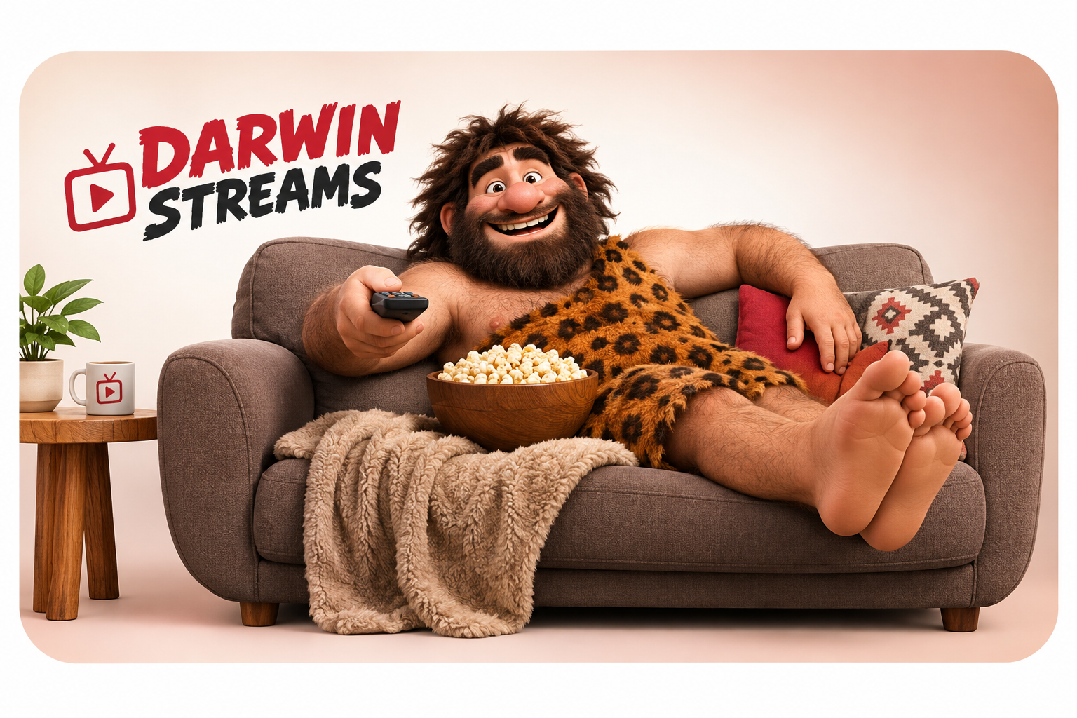 Darwin Streams caveman relaxing on a couch