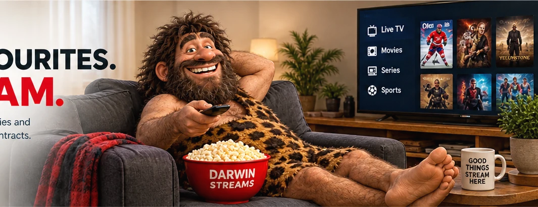 Darwin Streams caveman relaxing on a couch